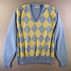 Vintage Pinnacle Argyle Sweater  Blue Yellow V-Neck Orlon USA Pastel Grandma M